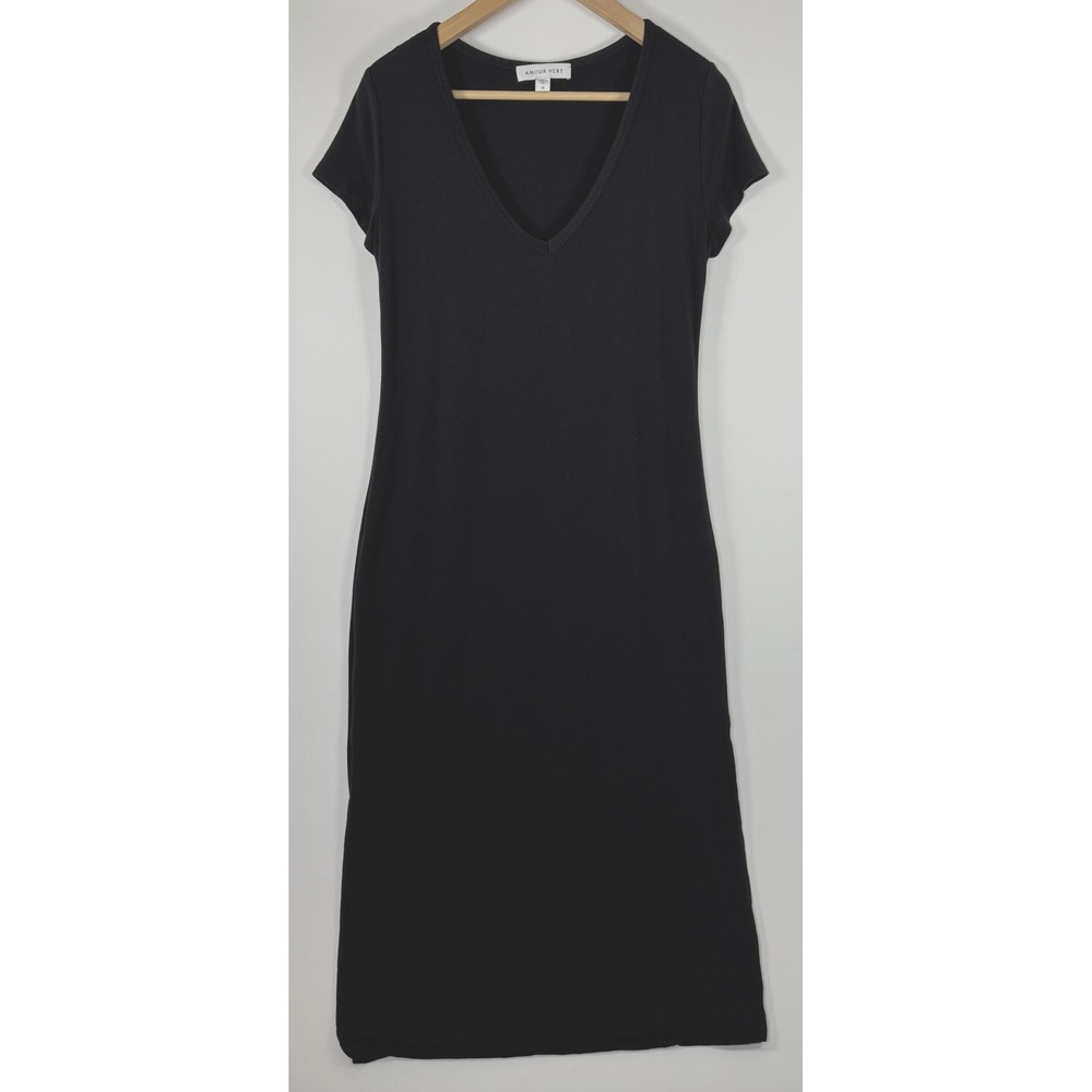 Amour Vert Midi Dress Black Modal Blend Medium V Neck Minimalist Capsule USA